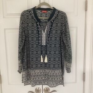 RUBY YAYA Blue White BATIK BOHO PRINT top